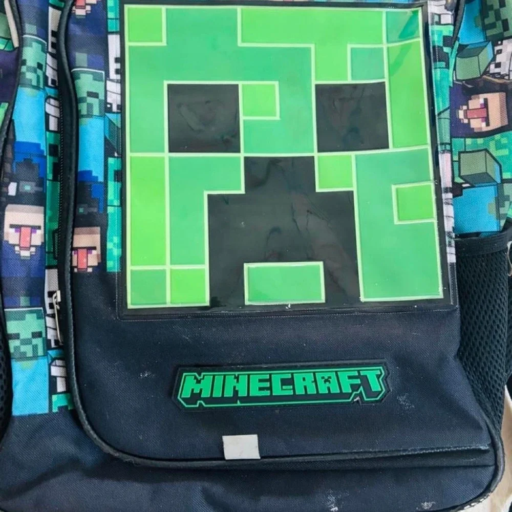 Minecraft Creeper Backpack Green Pixelated Face Gaming School Bag Mesh Pockets